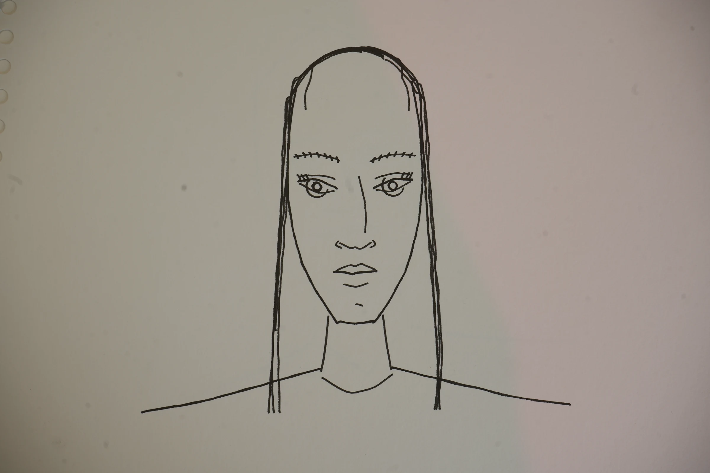 Long-haired generative portrait drawn in black ink