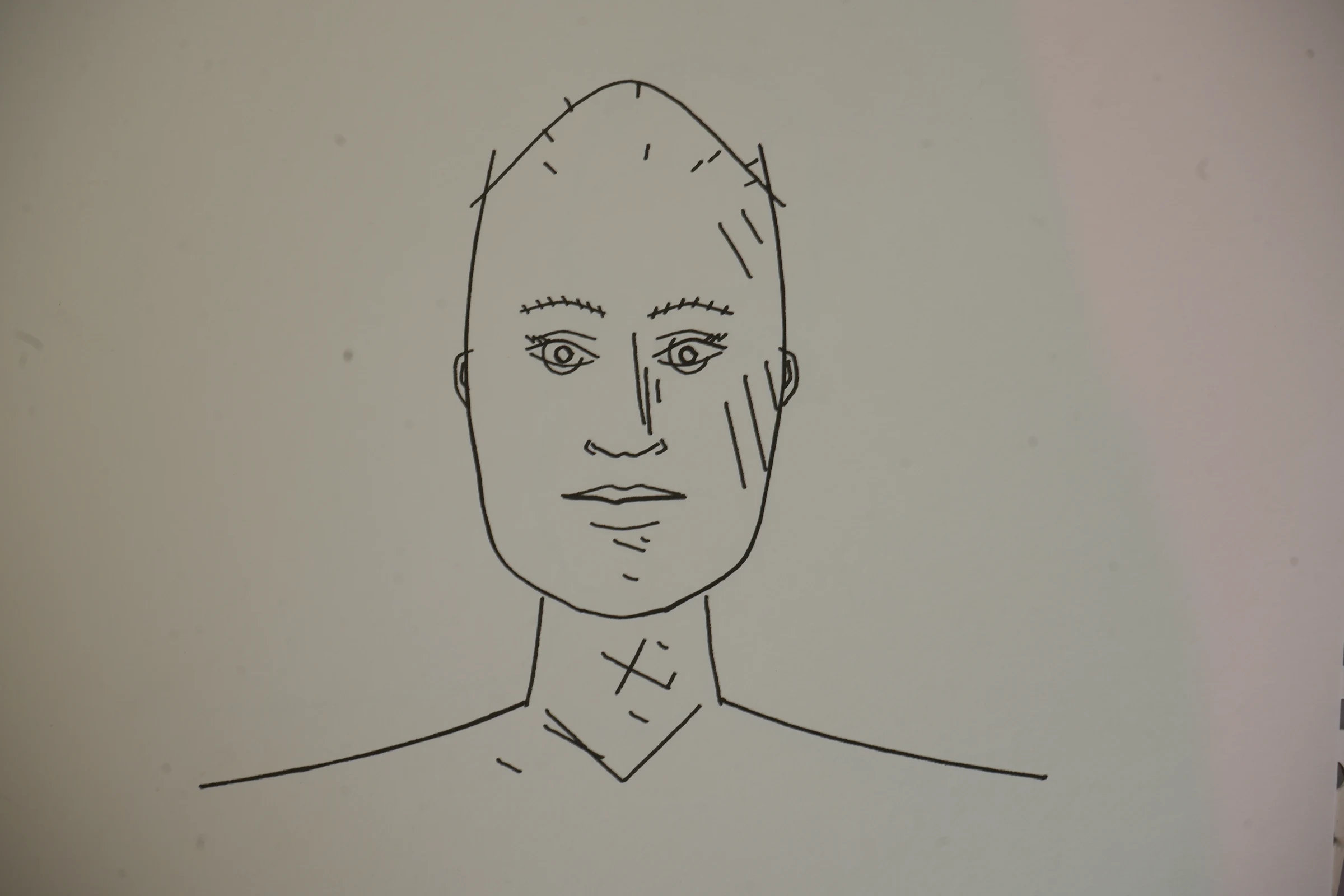 Finished generative portrait drawn in black ink on paper
