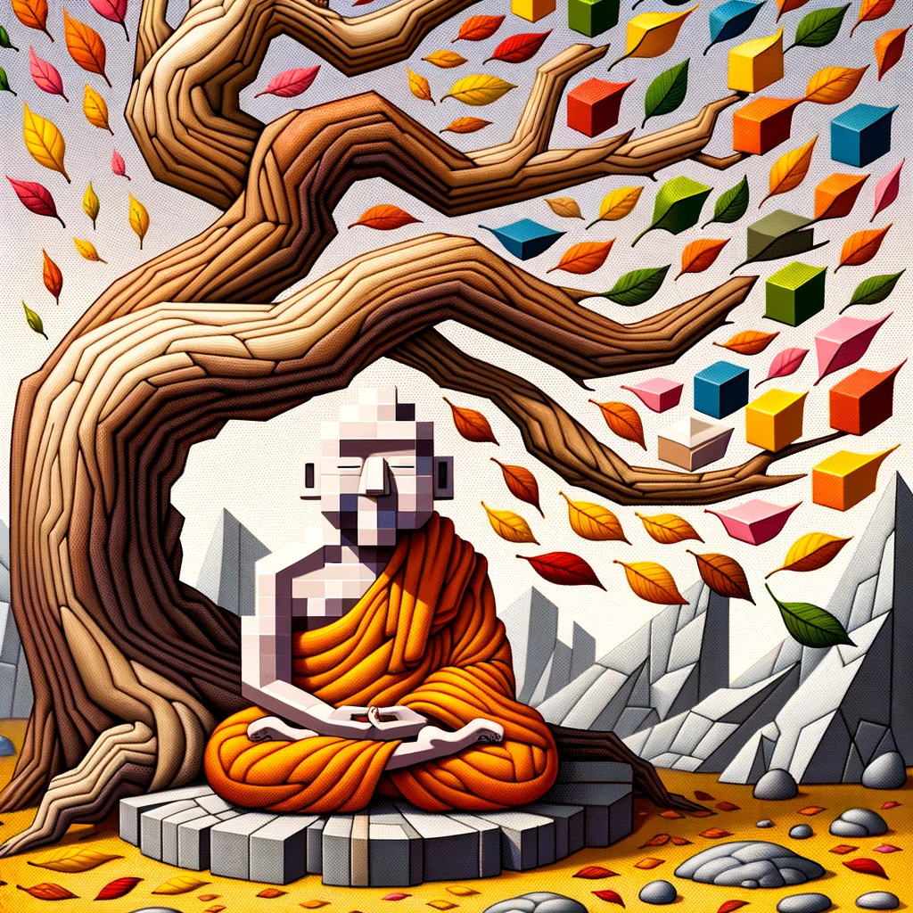 Cartoon illustration showcasing the theme of impermanence in Buddhism. A humorous scene of a monk meditating under a tree, with leaves constantly changing colors, symbolizing the transient nature of life. The monk looks slightly puzzled as he tries to keep up with the rapid changes. Angular geometric shapes and a fragmented appearance in the style of early 20th-century avant-garde art movements and oil painting medium to capture the essence of cubism.
