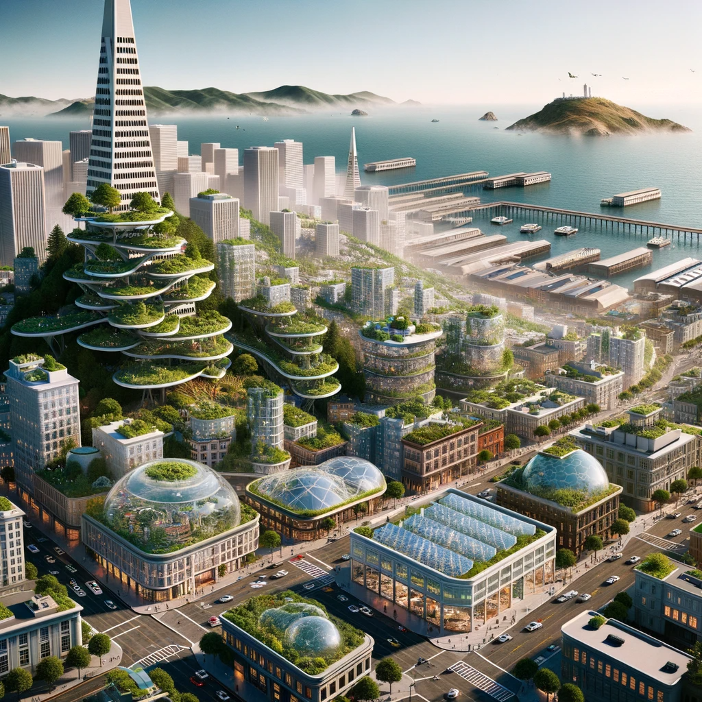 3D render of a technologically-enhanced San Francisco. The city's hills are dotted with homes that have green roofs and solar facades. The Transamerica Pyramid now has an external vertical forest, purifying the air and acting as an urban lung. Streets are bustling with electric cars and autonomous buses. Pier 39 has transformed into a hub for biotech research, with transparent labs allowing a peek into ongoing experiments. Alcatraz Island, in the distance, functions as a renewable energy station, harnessing wave and solar power.
