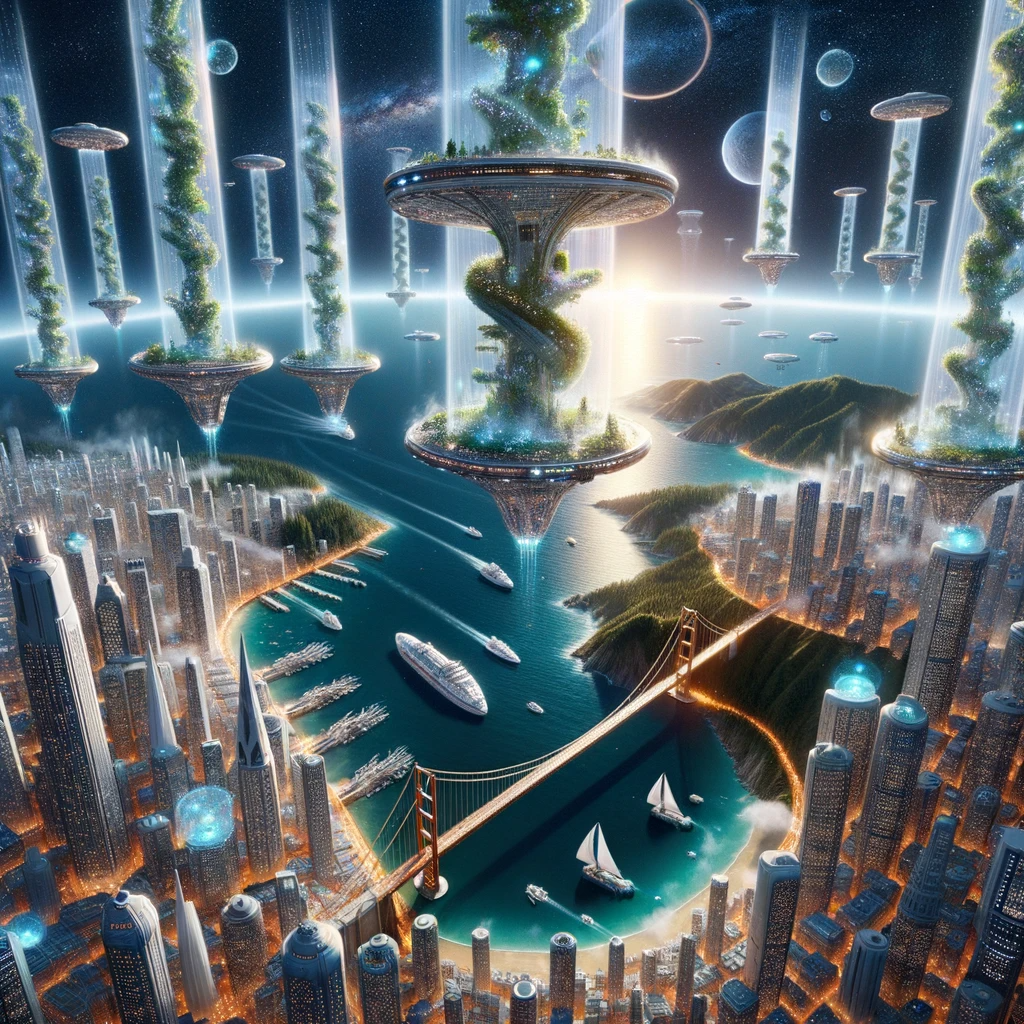 3D illustration of San Francisco, 1000 years in the future. The city floats above the ground on anti-gravity platforms. Buildings are made of self-healing materials and are interconnected with transparent energy tubes. The Golden Gate Bridge has been transformed into a portal gate, where ships teleport to distant galaxies. Lush vertical forests spiral upwards, reaching into the stratosphere, and the bay is covered with bioluminescent algae, glowing in harmony with the city's pulse. Hovering above are colossal space stations, tethered to the city with energy beams, acting as gateways to other dimensions.