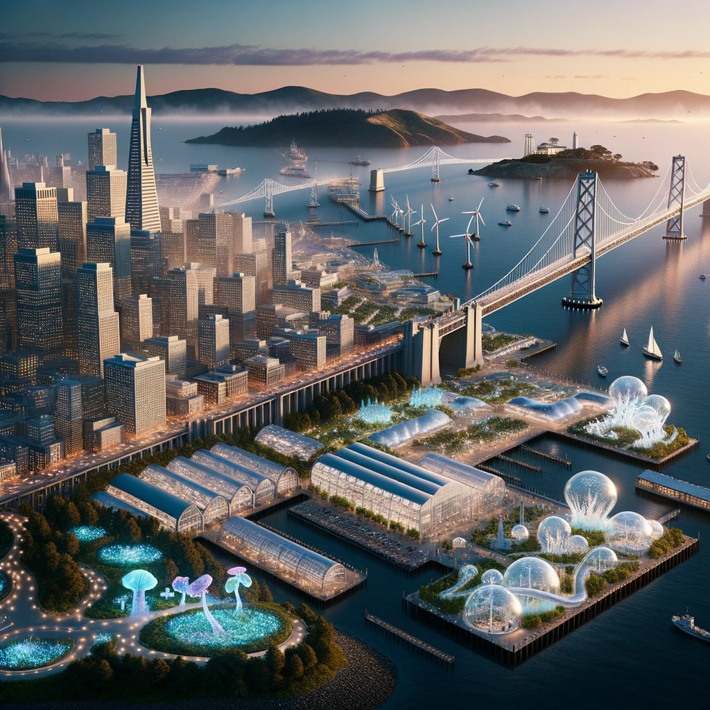 3D illustration capturing San Francisco at dusk. The Bay Bridge features kinetic sculptures while bioluminescent plants provide a natural glow to the city structures. Near Pier 39, transparent labs offer glimpses into marine biotechnology innovations. In the distance, Alcatraz Island is transformed into a green energy hub, with wind turbines and solar arrays. At the city's core, public tech gardens educate and inspire residents about the harmonious blend of nature and technology.