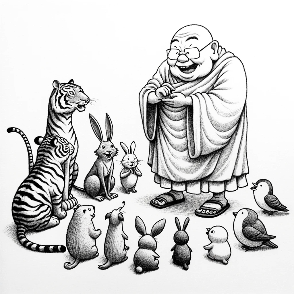 Pencil sketch cartoon centered around Buddhist morals. A monk is shown humorously teaching a group of animals, including a tiger, a rabbit, and a bird, about the importance of morality. The animals listen attentively, showcasing the universal applicability of Buddhist teachings. The entire sketch is made using strokes in only one direction, giving it a unique and unified texture.