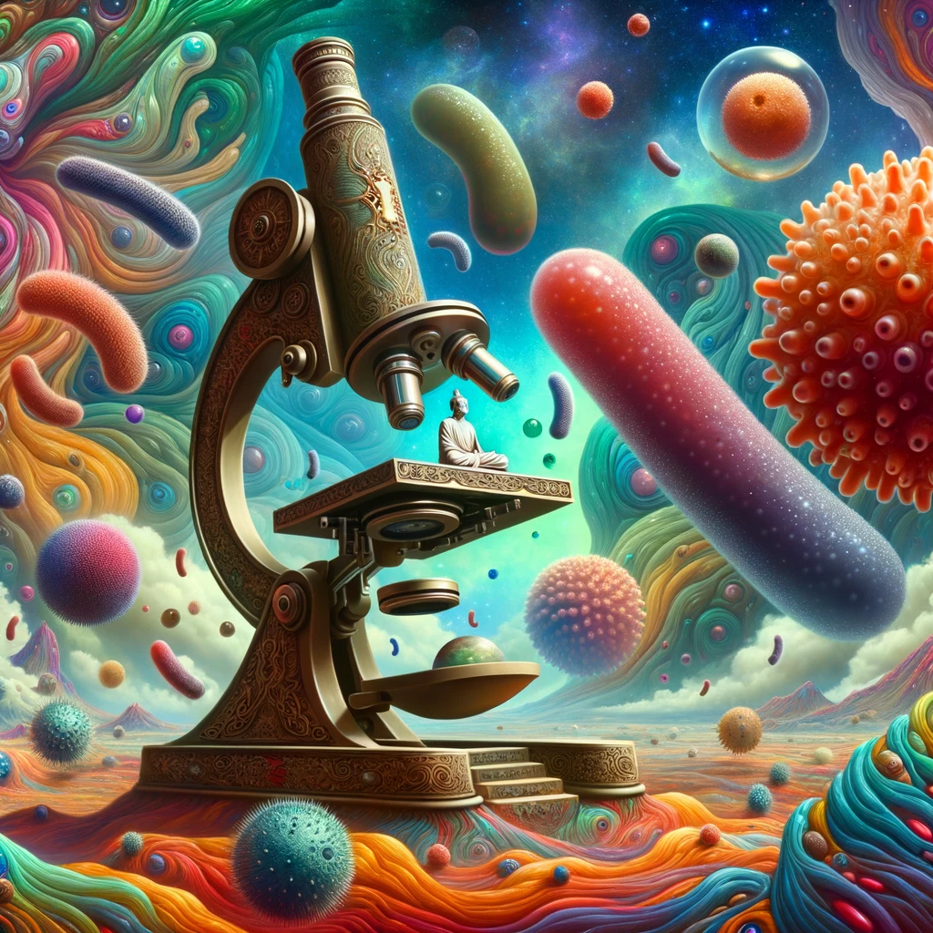 Illustration in a surrealistic style where a massive, ornate microscope towers over a dreamlike landscape with the addition of a cosmic backdrop. Stars, galaxies, nebulas, and moons shimmer in the distance. Giant bacteria and microbes float serenely around the microscope, while a Buddha figure meditates on its stage, surrounded by vibrant, swirling colors that meld the microscopic and cosmic realms.