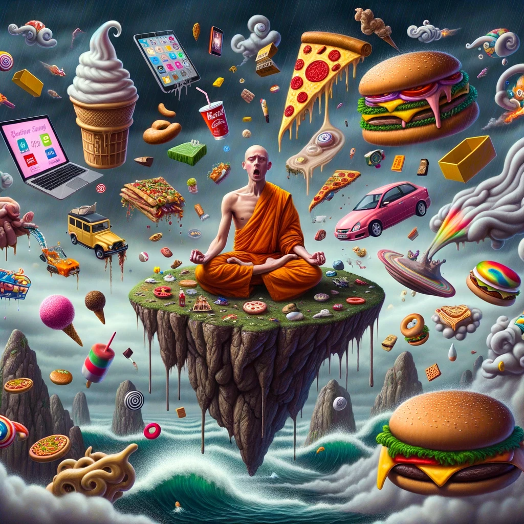 Surreal cartoon showcasing focused attention and tanha (craving) in Buddhism. A monk is humorously trying to meditate on a floating island in the sky, but various fantastical and exaggerated distractions, like giant flying ice creams, pizzas, burgers, and abstract symbols representing popular multimedia brands and companies, keep appearing around him. The monk remains unfazed and centered, highlighting the theme of staying focused amidst the overwhelming influx of media distractions. The scene is set against a gloomy backdrop with rain and lightning, emphasizing the external challenges faced by the monk. Dream-like elements and fluid shapes in the style of 20th-century surrealism, painted with oil.